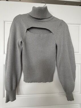 Elan Light Gray Cutout Ribbed Turtleneck Sweater
